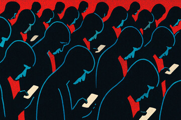 A crowd of faceless figures stare down at their smartphones, symbolizing digital addiction and conformity