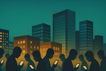 Silhouetted people stare at glowing phones while walking through a cityscape at dusk, lost in screens