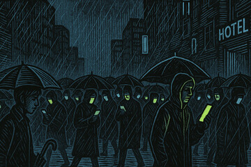 Hooded figures walk through a rainy city street, faces lit by glowing phone screens in eerie unison