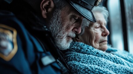 An elderly man in police uniform and an older woman peacefully rest together, showcasing warmth, care, and the bond of companionship in a tranquil moment.
