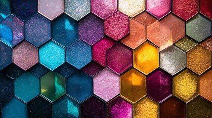 Hexagonal glitter tiles in vibrant shades arranged in abstract pattern reflecting light with high contrast texture depth