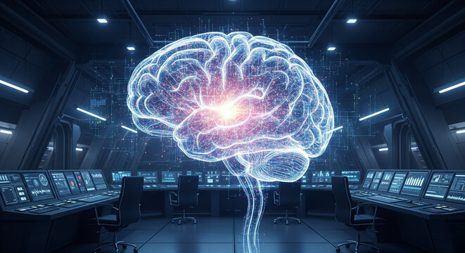  AI Brain at the Center of a Futuristic Control Room