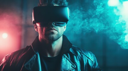 A dedicated young man passionately engages with virtual reality, donning a headset while surrounded by a mystic atmosphere filled with vibrant lights and smoke.