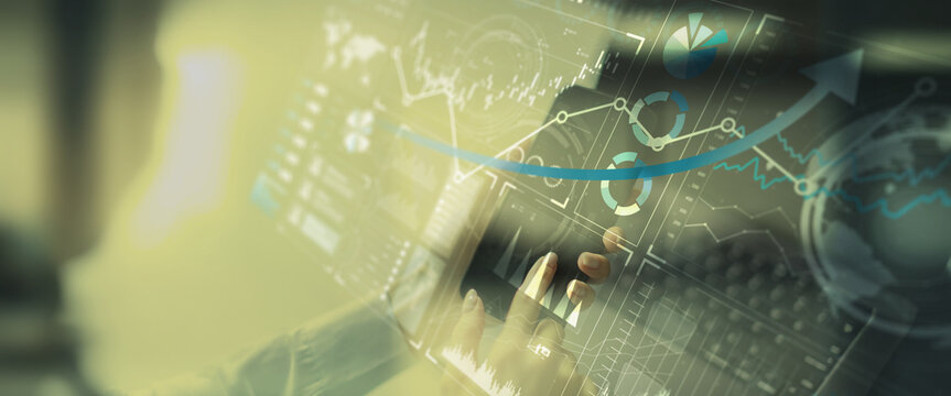 Interactive Global Financial Data Analysis Interface with Graph Trends on Touchscreen. - Powered by Adobe