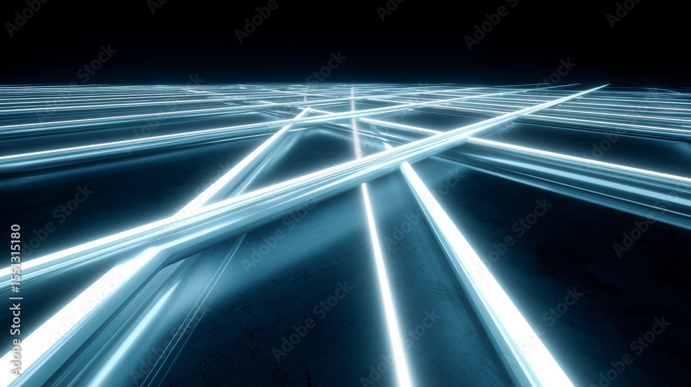 Poster Futuristic glowing neon blue grid with pulsing light trails representing advanced cybersecurity technology in a sleek digital interface from a highangle view.