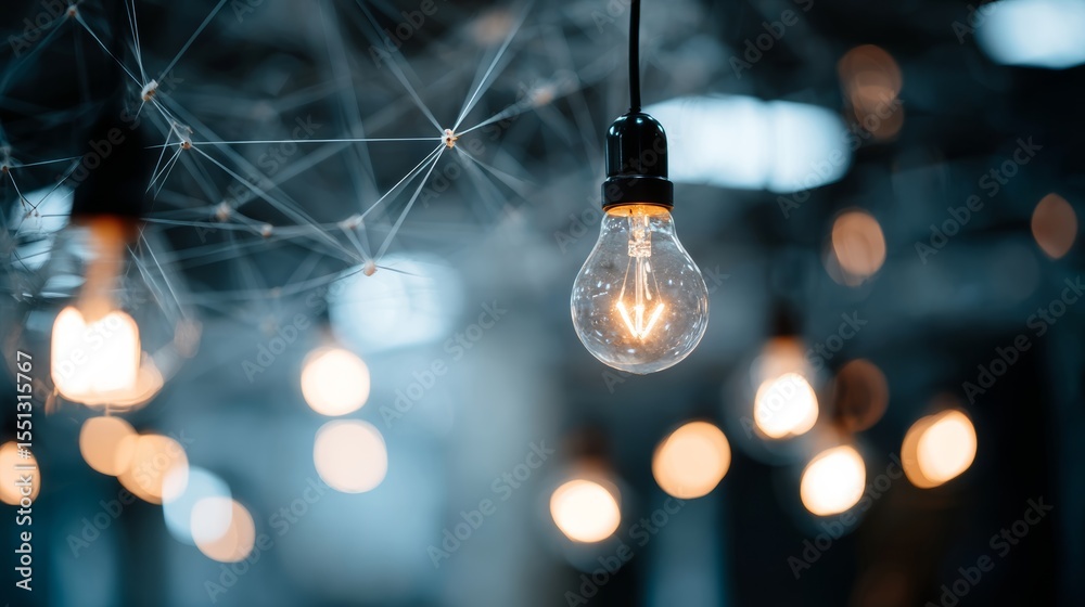 Poster bright glowing incandescent light bulb hanging over dark background with abstract glowing network li