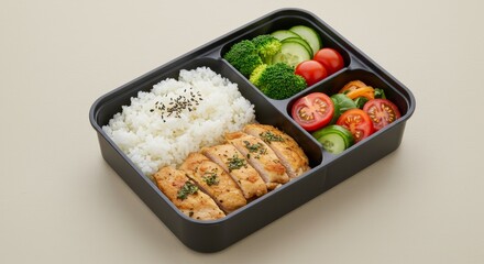 Healthy balanced bento box meal with rice, chicken, and fresh vegetables