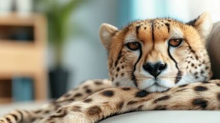 A captivating close-up of a cheetah lounging comfortably indoors highlights the beauty and grace of this magnificent animal in a serene setting.
