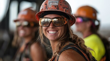 The image captures a smiling woman in a hard hat and safety glasses at a construction site, radiating positivity and strength, showcasing women in industry empowering roles.