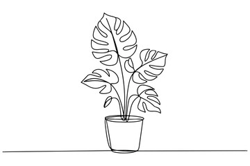 Continuous one line drawing of monstera plant in flower pot minimal botanical art illustration

