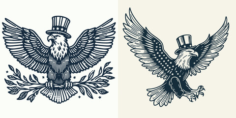 Fototapeta premium Bald Eagle with american flag overlay top hat Perched wings lifted. Independence Day 4th of July Patriotism Usa America Clipart Line Art Vector Illustration. .