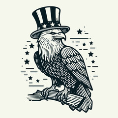 Naklejka premium Bald Eagle with american flag overlay top hat Perched upright. Independence Day 4th of July Patriotism Usa America Clipart Line Art Vector Illustration. .