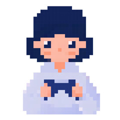 A girl playing video games in a cozy setting, enjoying leisure time with retro gaming style and pixel art design