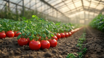 Hyper realistic 3d render Greenhouse Tomatoes: Ripe Red Vegetables, Organic Farming, Agriculture Produce AI Generative