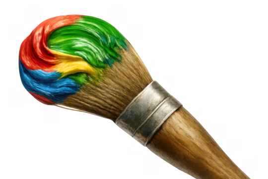 Wooden paintbrush loaded with colorful oil paint, isolated on transparent background, ideal for creative projects - Powered by Adobe