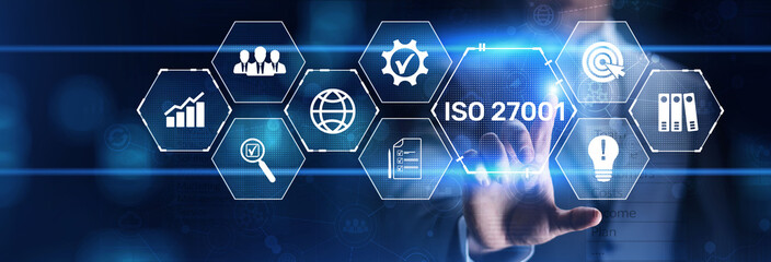 ISO 27001 Standard certification standardisation quality control concept on screen.