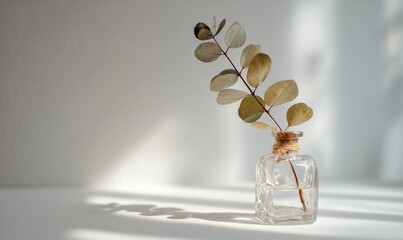 A single eucalyptus branch in a clear glass bottle against a plain light background, softly lit by natural light.