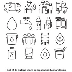 Set of 15 Humanitarian Water Aid Outline Icons for Refugee Camp Assistance and Emergency Relief