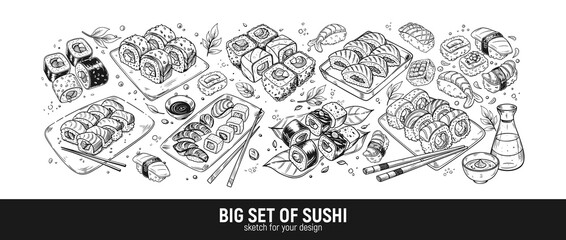 Indulge in a Delicious Big Set of Sushi. Hand drawn sketch vector illustration