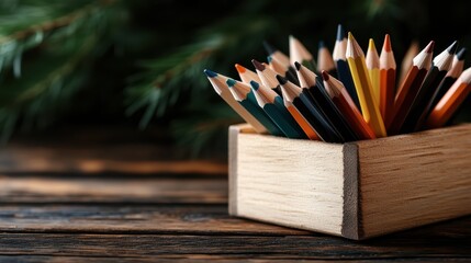 Obraz premium An artistic display of colorful pencils arranged in a wooden box, showcasing their variety and vibrancy, ideal for creative minds seeking inspiration and art.