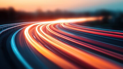 An artistic view of dynamic light trails created by moving vehicles on a busy urban road, capturing the essence of speed, movement, and the vibrancy of city life through creative photography.
