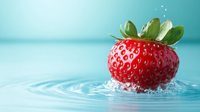 A fresh strawberry splashes in clear water, creating a vibrant visual, This image is perfect for food-related articles, health blogs, or advertisements promoting fresh produce,