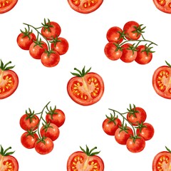Seamless pattern with half a tomato with seeds and green leaves and a sprig of cherry tomatoes. Perfect for culinary projects, packaging design, menus or printed materials.