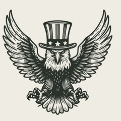 Bald Eagle with american flag overlay top hat Landing wings open. Independence Day 4th of July Patriotism Usa America Clipart Line Art Vector Illustration. .