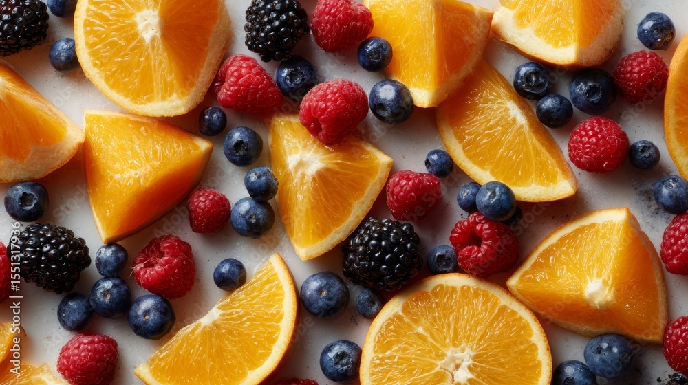 Poster vibrant assortment of fresh citrus and berries arranged on a white surface emphasizing healthy and c