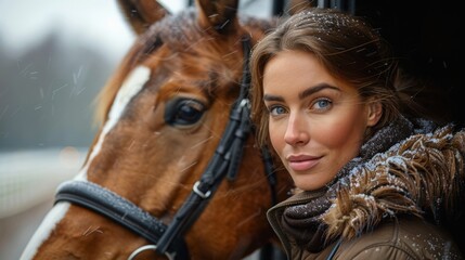 A woman poses closely with her horse amidst falling snow in a tranquil winter scene, reflecting the bond between humans and animals in a beautiful, serene environment.