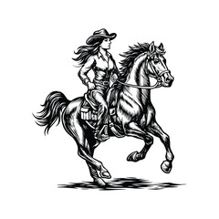 Cowgirl Riding Horse, Western Rodeo Illustration, Vintage Wild West Vector, Female Cowboy Art