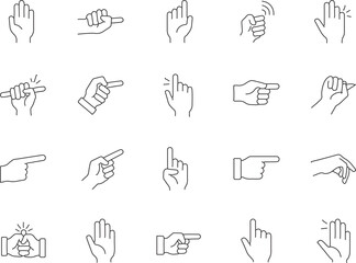 A collection of twenty minimalist hand gesture icons, perfect for websites, apps, or presentations. Each icon is presented in a clean, vector format ensuring crisp scalability for any project.