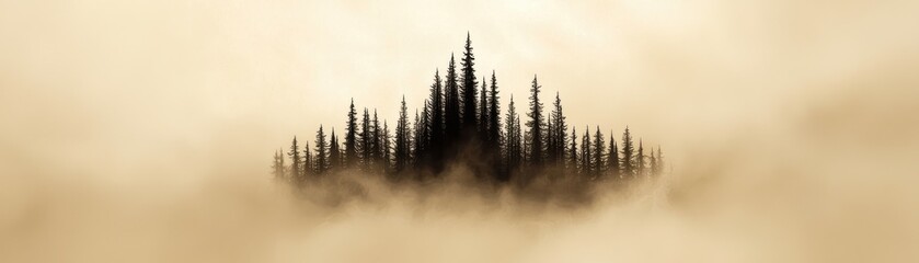 Mysterious forest silhouette emerging from fog creates an ethereal atmosphere.