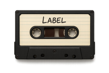 Black vintage audio cassette tape with empty label and transparent background, ideal for music and retro concepts
