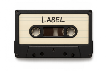 Black vintage audio cassette tape with empty label and transparent background, ideal for music and retro concepts