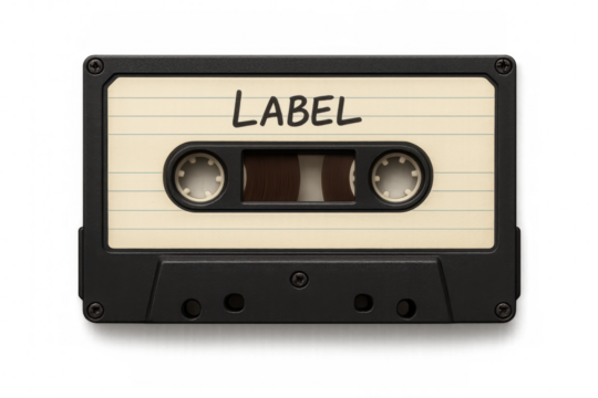 Black vintage audio cassette tape with empty label and transparent background, ideal for music and retro concepts