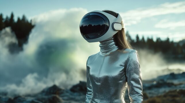 This stunning image features a figure dressed in a reflective, futuristic suit, complete with a sleek helmet, standing amidst a natural landscape, blending technology and nature.