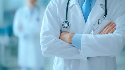 Male doctor with stethoscope in hospital half body visible concept of healthcare service trust medical support