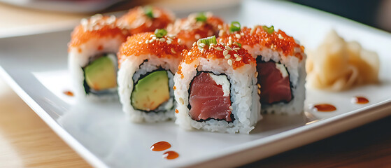 Assorted Sushi Rolls with Toppings of Tobiko and Sesame Seeds on a White Plate