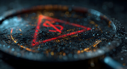 Obraz premium Magnifying glass over digital dollar symbol, red warning triangle in background, gradient from charcoal to orange