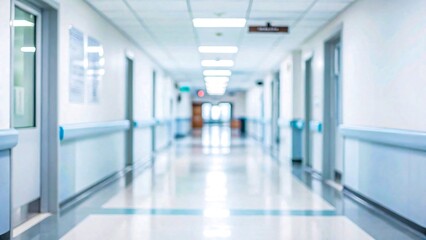 Obraz premium Bright Empty Hospital Hallway with Clean White Interior and Blue Accents in Medical Healthcare Facility 