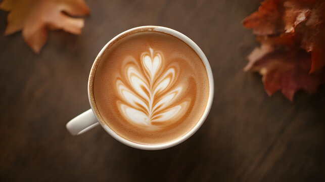 Autumn latte with leaf design on white cup, warm tones --ar 16:9