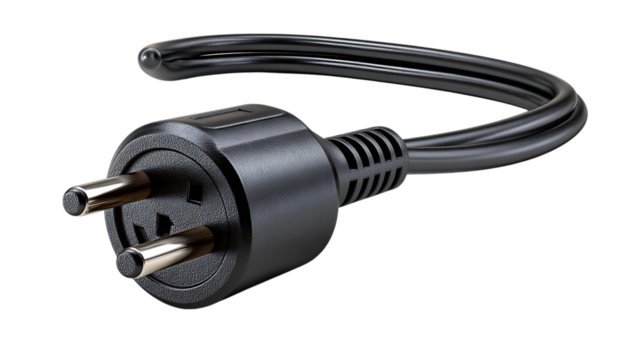 Close up of a black electrical power plug with two metallic pins and a curved cable isolated on transparent background