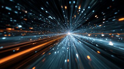 Naklejka premium Abstract visual of high-speed broadband connectivity, showcasing a dynamic tunnel of blue and orange lights, representing the rapid flow of data and advanced digital ...