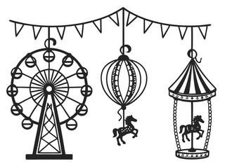 Black and White Silhouette of Carnival Rides and Decorations Illustration