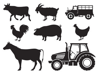 Farm animals and vehicles silhouettes including cow goat pig horse tractor truck