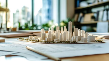 Miniature city model placed on architect desk with blueprints and ruler capturing urban planning and creative development