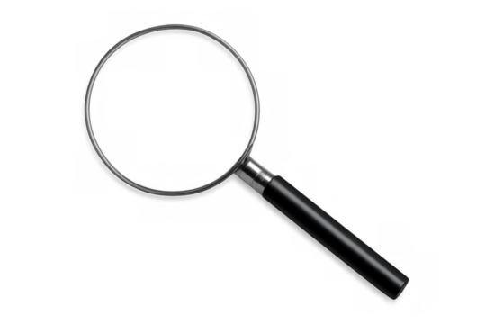 Classic magnifying glass with black handle and transparent background, perfect for research and investigation concepts