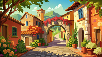 Fototapeta premium create a high res painted image of a cute tuscan town with arch over a cobbled street and some bougainvillea plants 