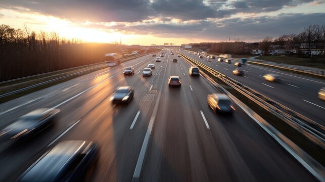 Motion blur of cars driving on a multi-lane highway at sunset with dramatic cloudy sky ideal for transportation ads, traffic reports and road infrastructure presentations